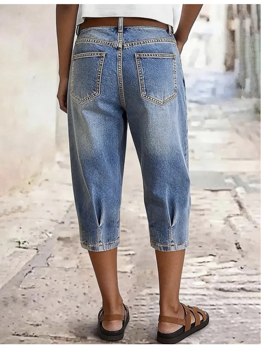 Flamingals Straight Leg Mid Rise Capri Wash Pleated Trendy Jeans XL